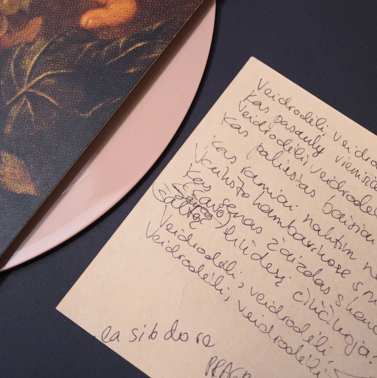 Insert with handwritten lyrics and partially visible pink vinyl.