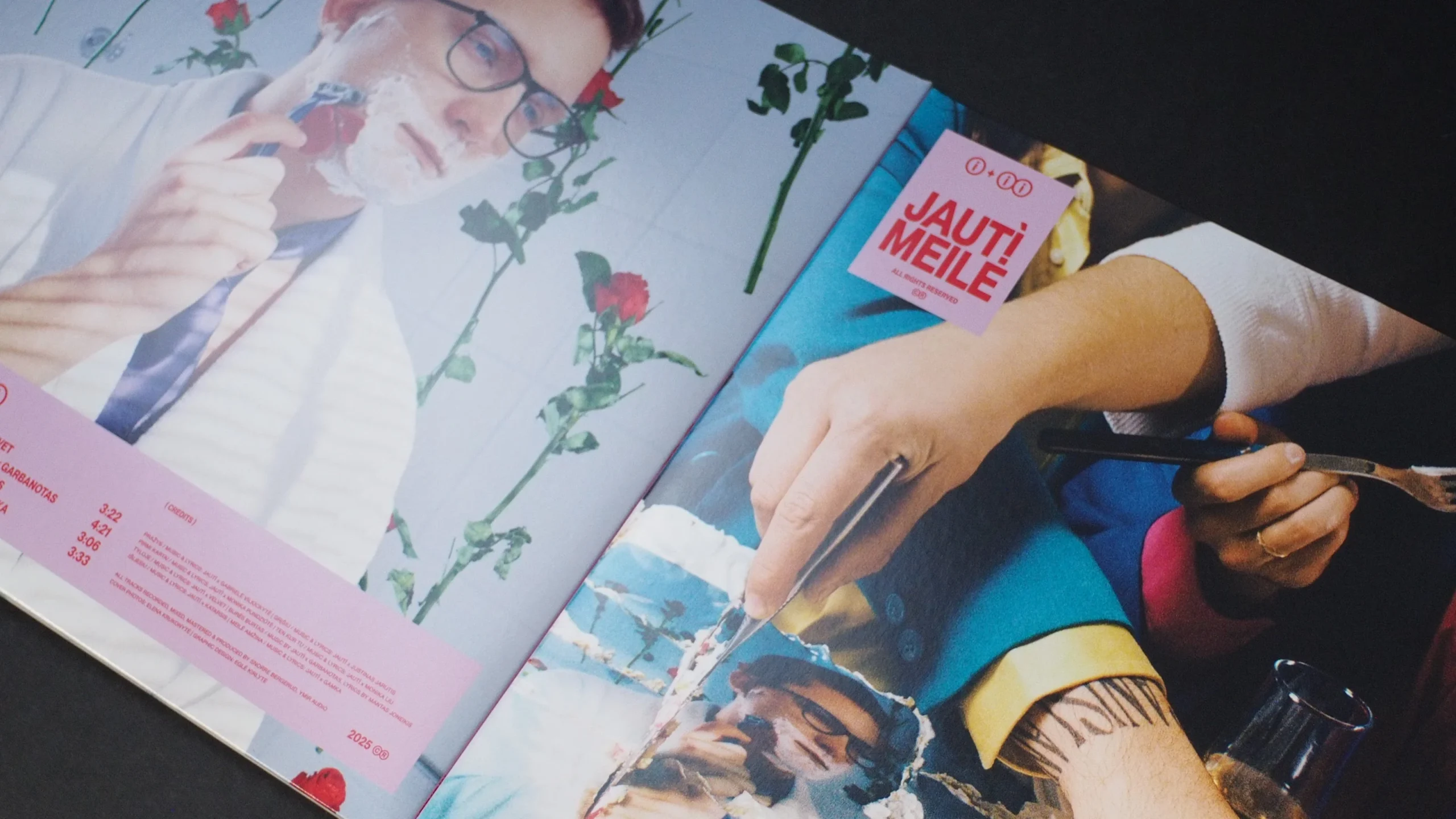Gatefold sleeve and inner sleeve with collage-style artwork and photography.