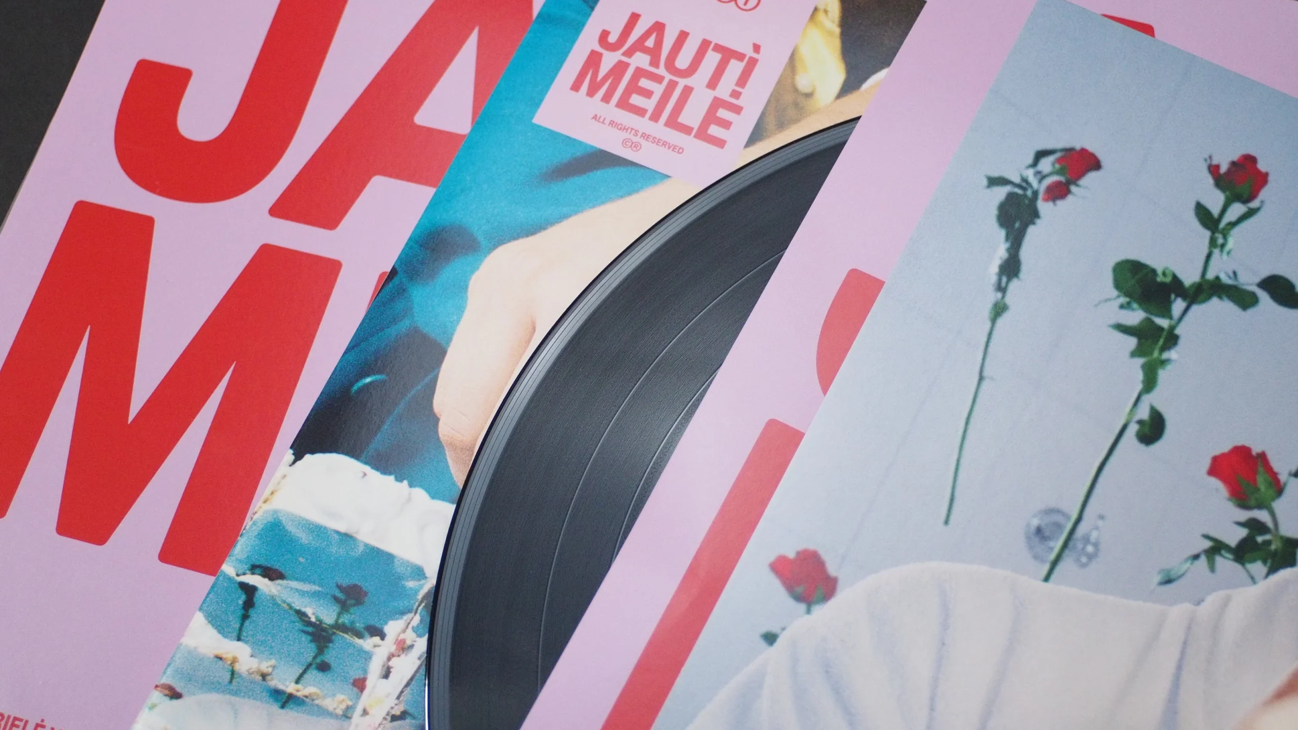 Vinyl sleeve partially open with printed insert and cover design details.