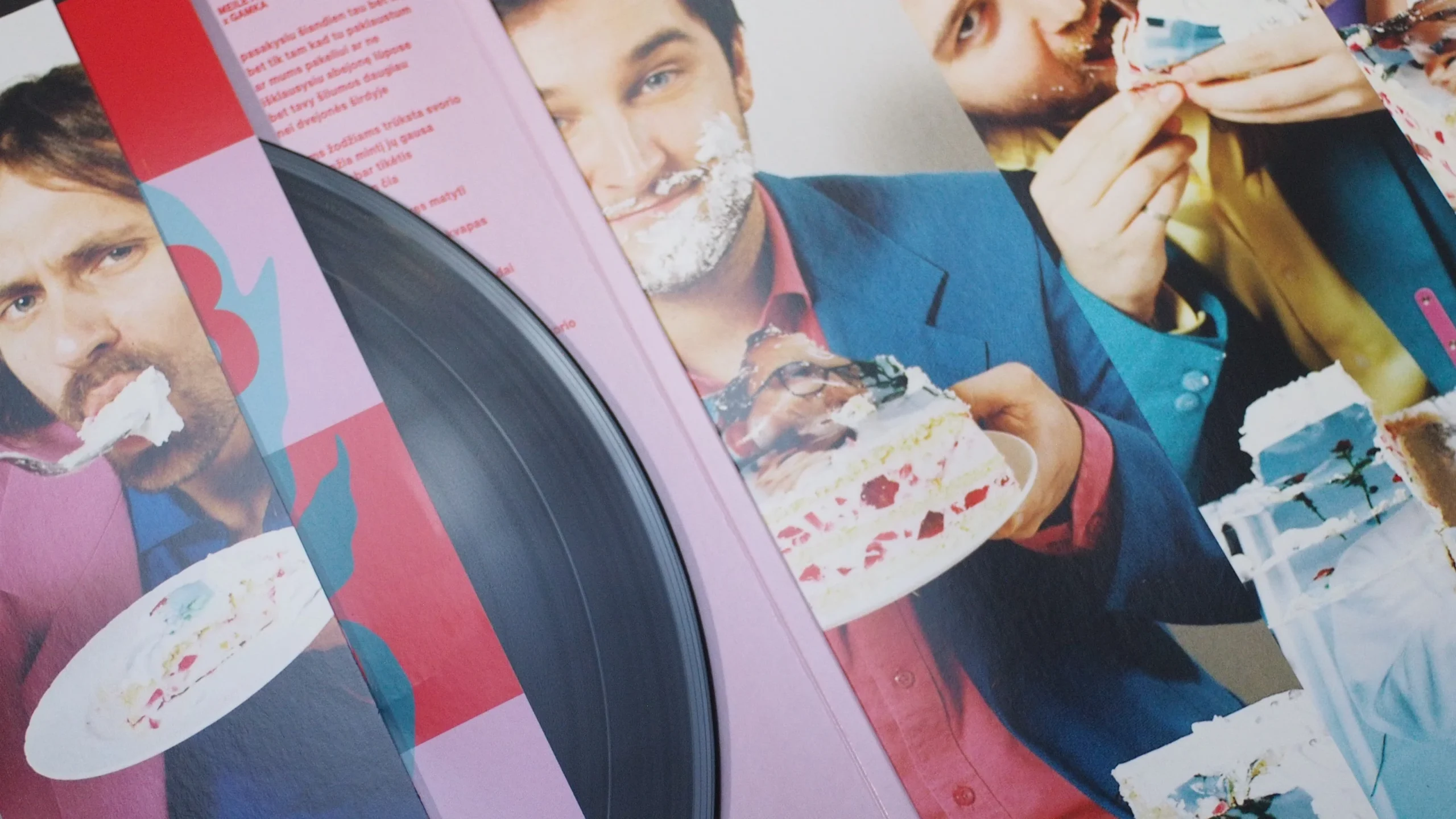 Lyrics sleeve and colorful cake-themed photography inside the vinyl gatefold.