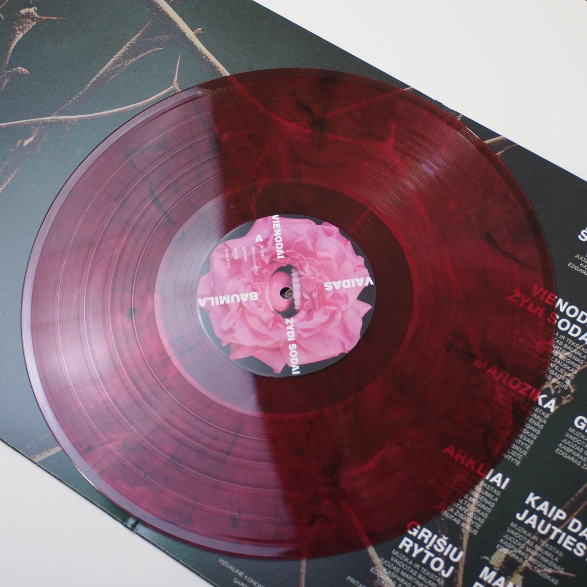 Marbled cherry-colored vinyl record on open gatefold with tracklist