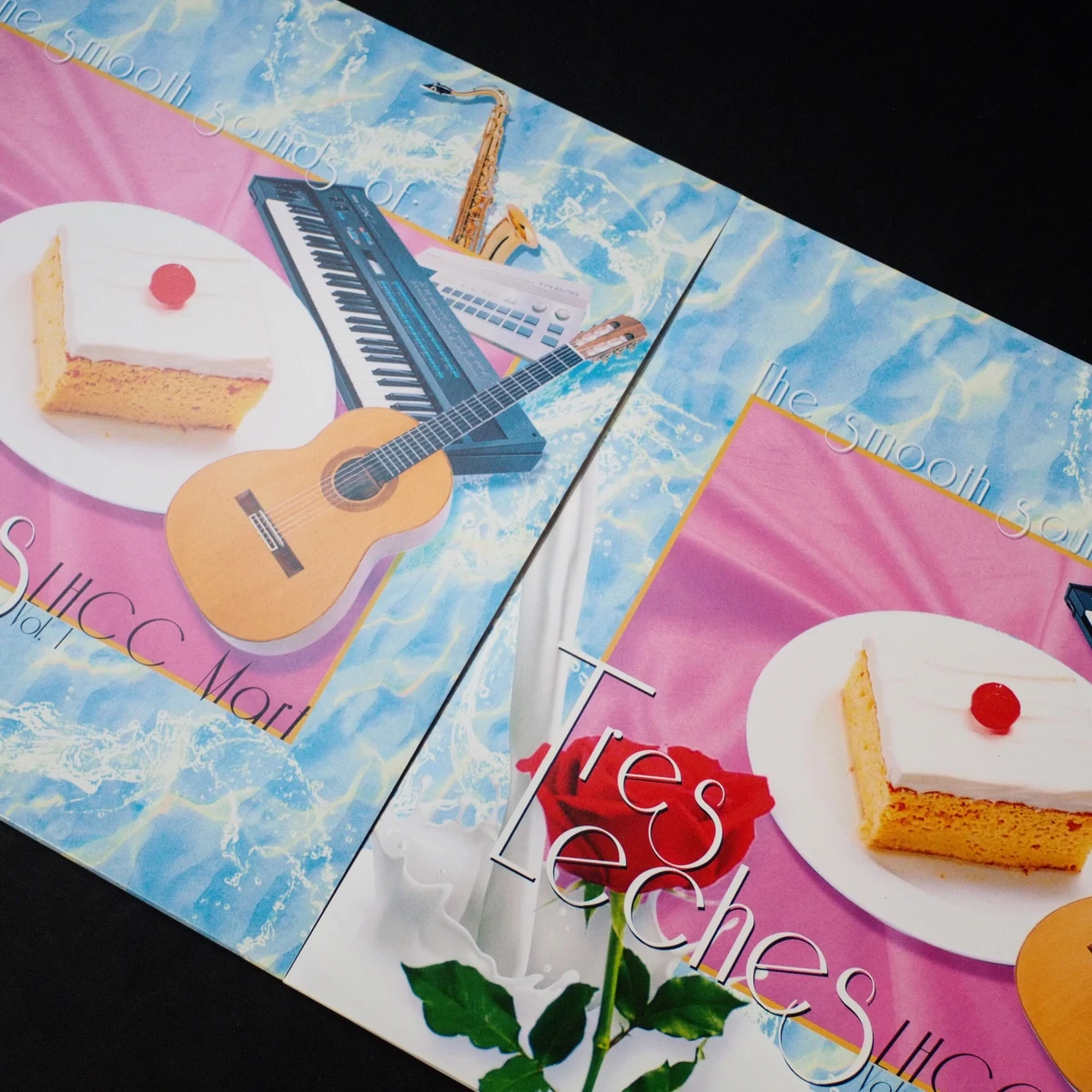 Tres Leches cover art with cake, guitar, and synth.